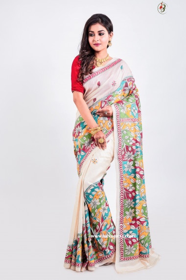 Kantha Stitch Reverse floral Tussar Saree